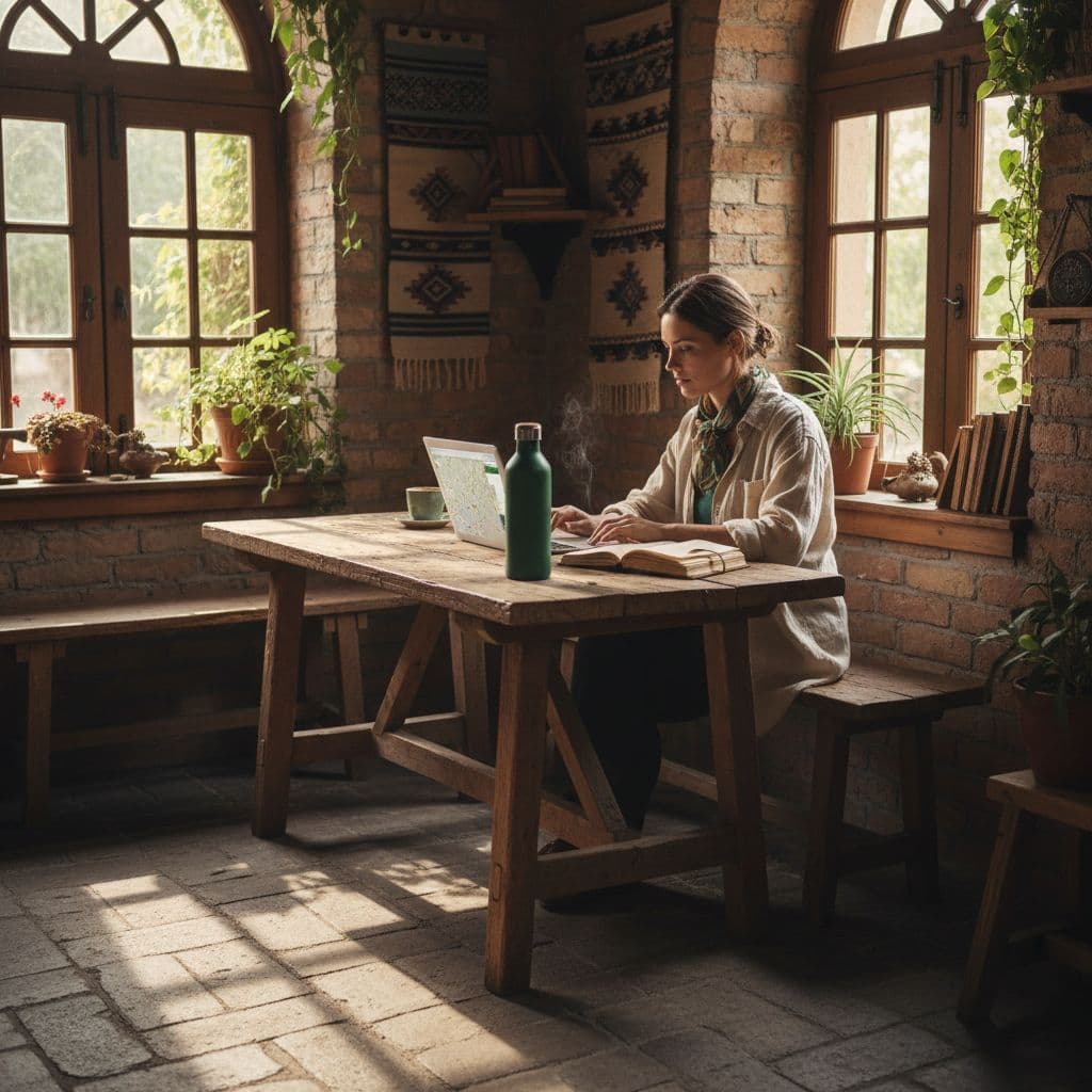 A traveler sits at a rustic wooden table with a laptop and notebook, researching travel plans.