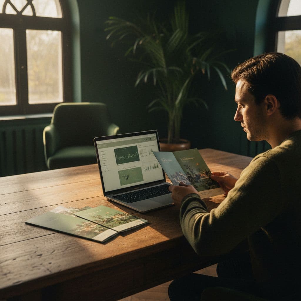 A person sits at a wooden desk reviewing travel documents and a laptop in soft morning light.