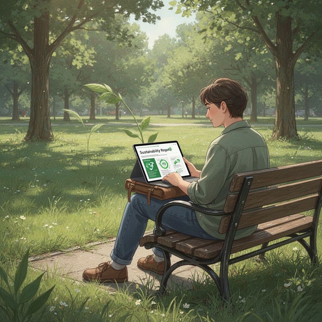 A person sits in a sunny park reading a digital sustainability report on a tablet.