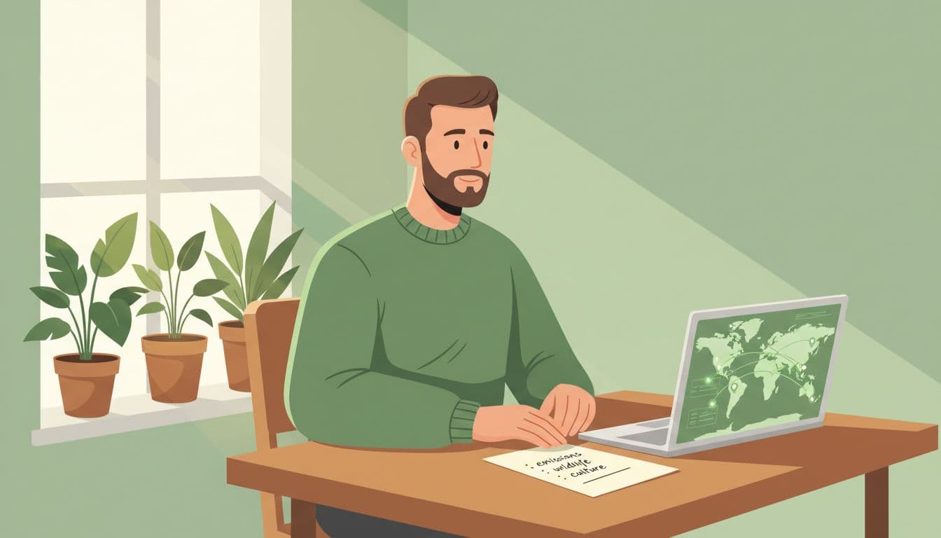 Mid-30s traveler at wooden desk reviews handwritten list of travel values beside laptop maps in home office.