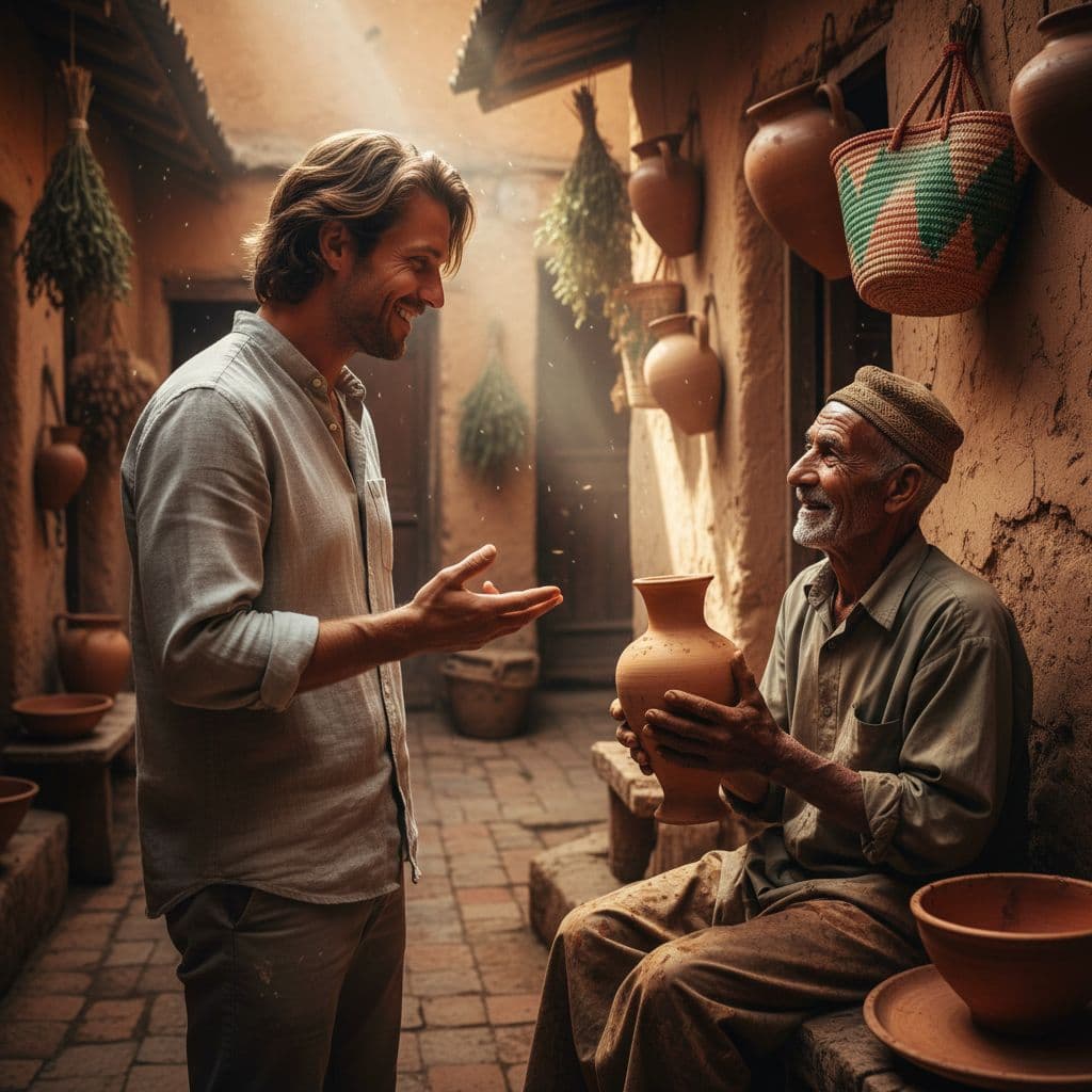 A traveler smiles while conversing with an elderly local artisan in a sunlit rustic courtyard.