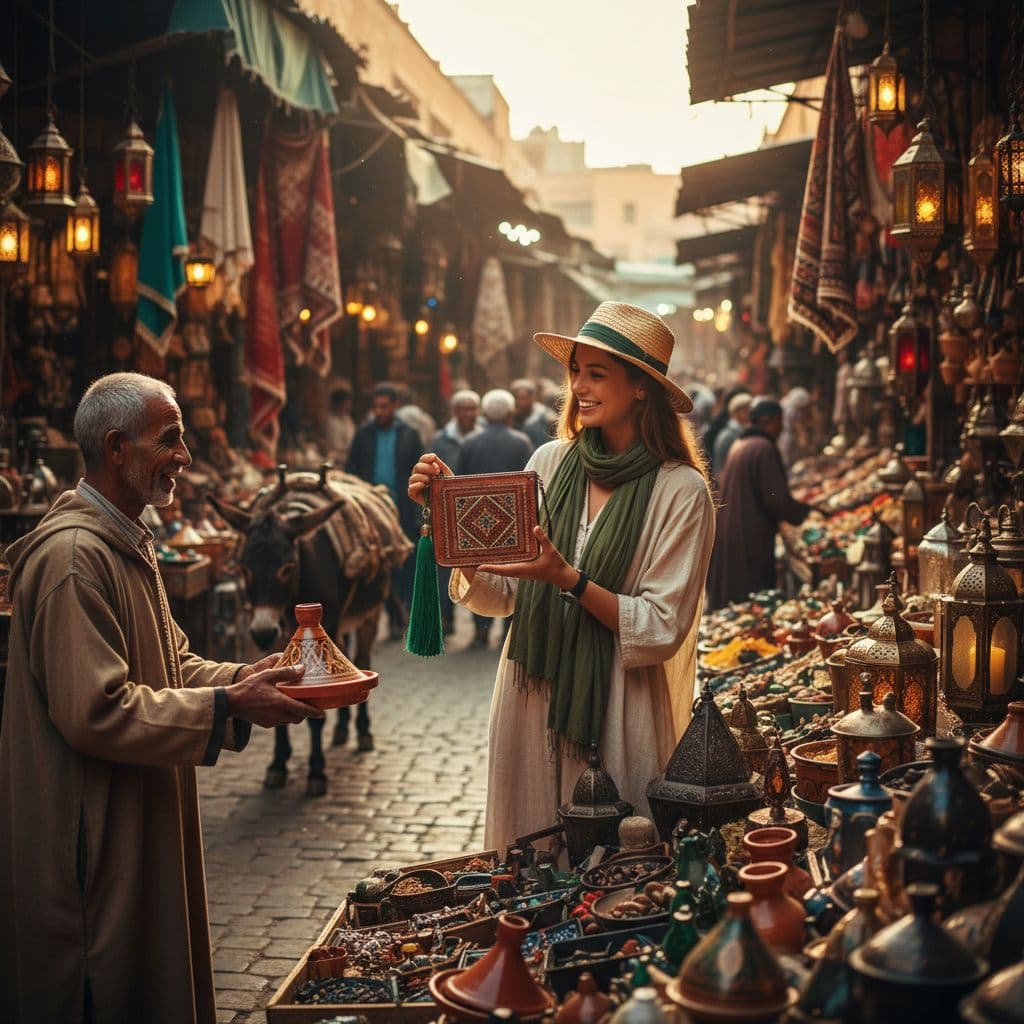 A traveler purchases handmade goods from a vendor in a vibrant, sunlit Moroccan marketplace.