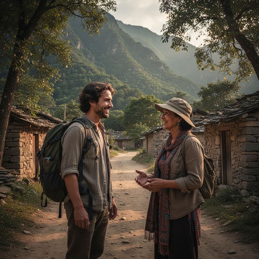 A traveler and a local guide speak on a path surrounded by lush mountain landscapes.