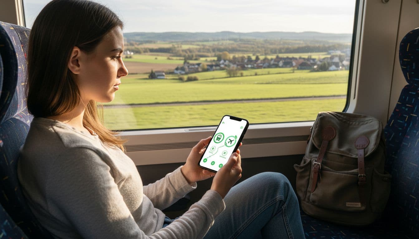 Traveler sits on train seat holding smartphone showing train and flight icons with green low-carbon indicators, European countryside through window.