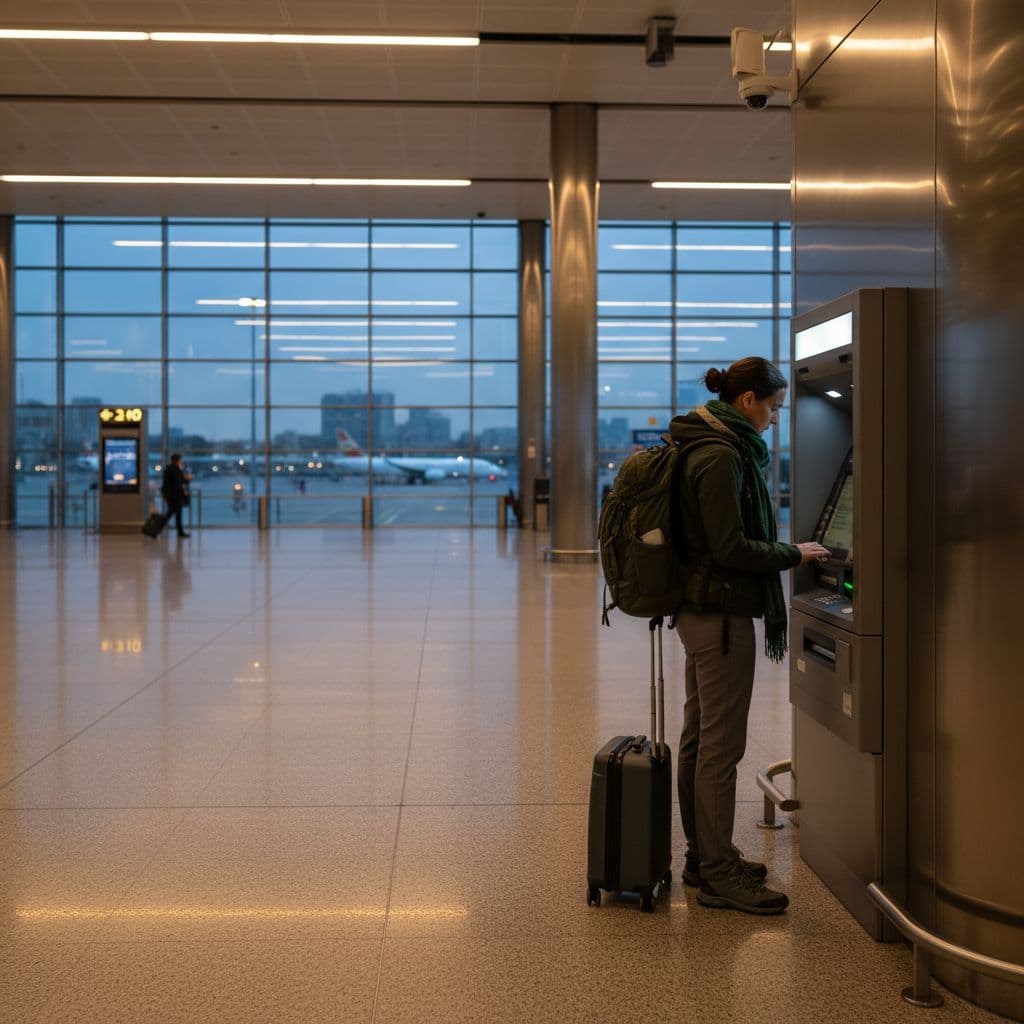A traveler withdraws cash from an ATM in a well-lit airport lobby.