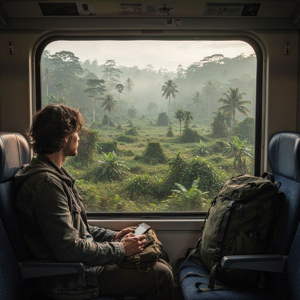 A passenger gazes through a train window at a vast, lush, and pristine natural landscape.