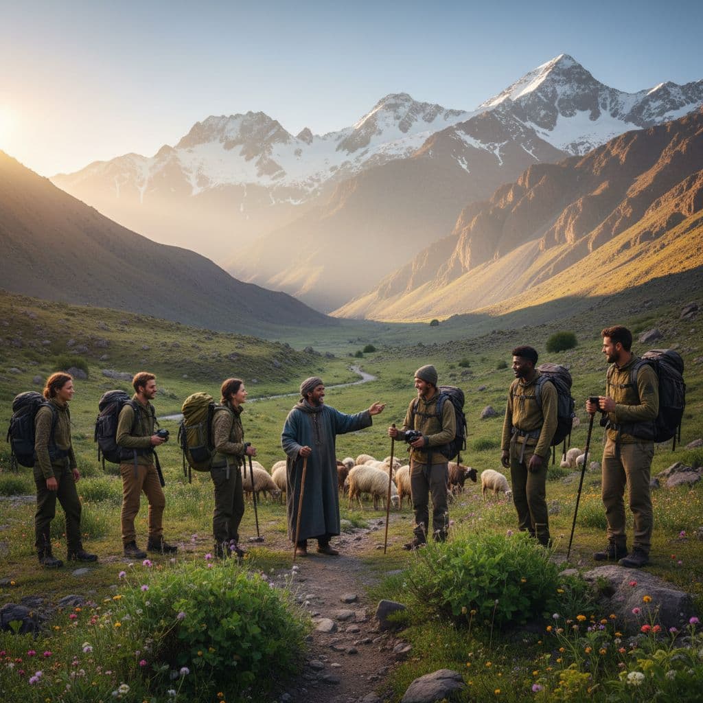 A group of diverse travellers interacts with a local shepherd in a lush green valley.