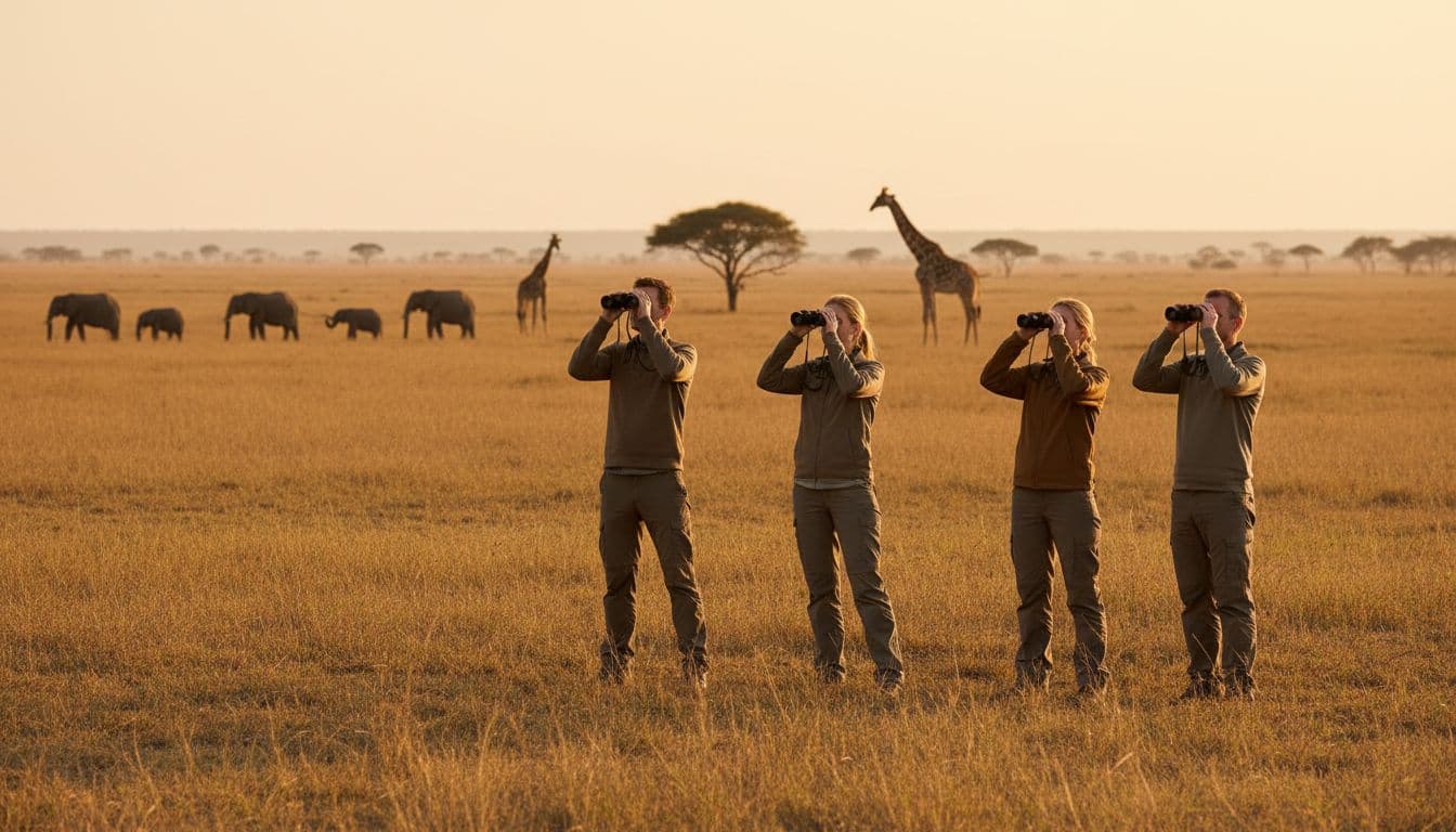 Four adults use binoculars to watch elephants and giraffes from a distance on grassland savanna at golden hour.