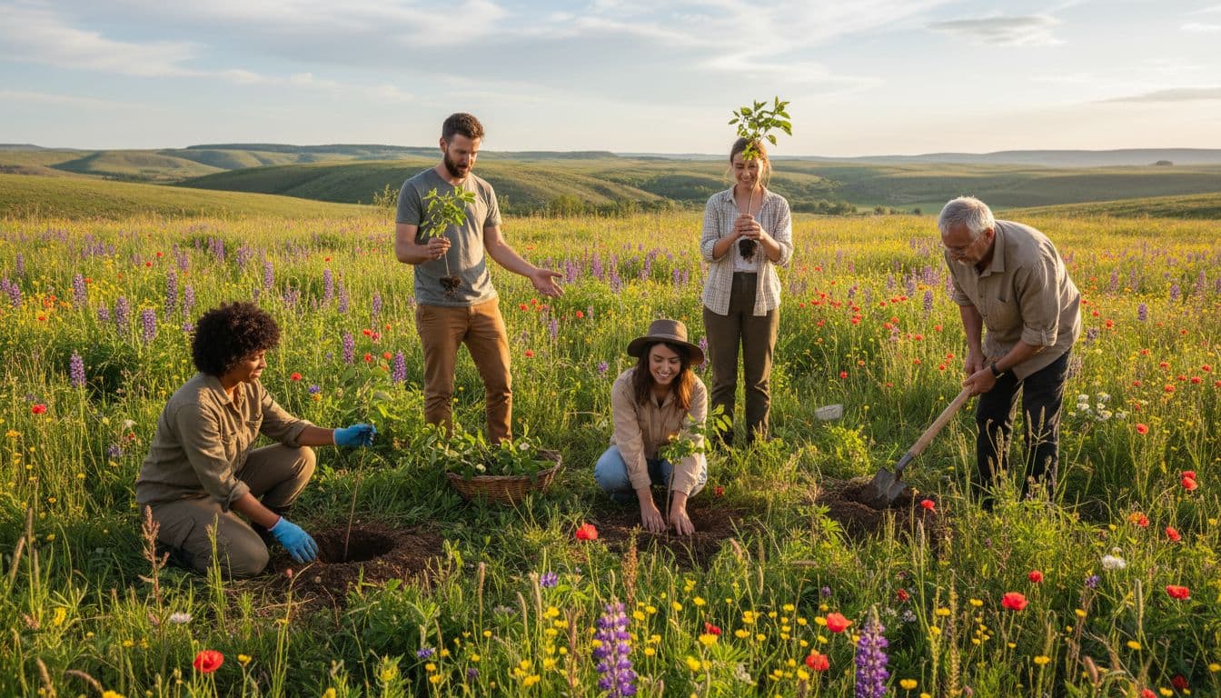 Four diverse travelers hold native saplings loosely in a sunny rewilded meadow with rolling hills and wildflowers.