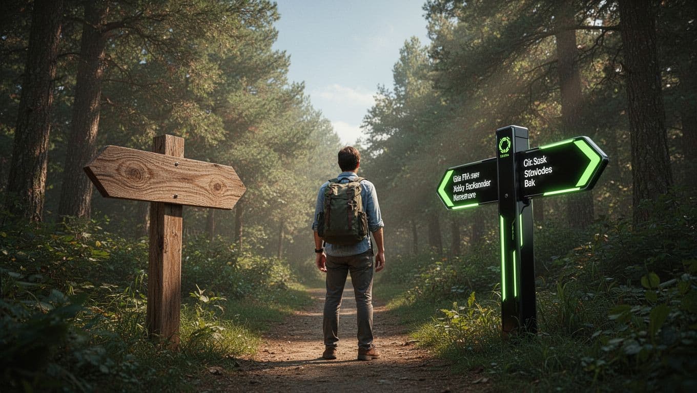 A traveller faces a choice between a rustic wooden sign and a flashy neon sign in a forest.