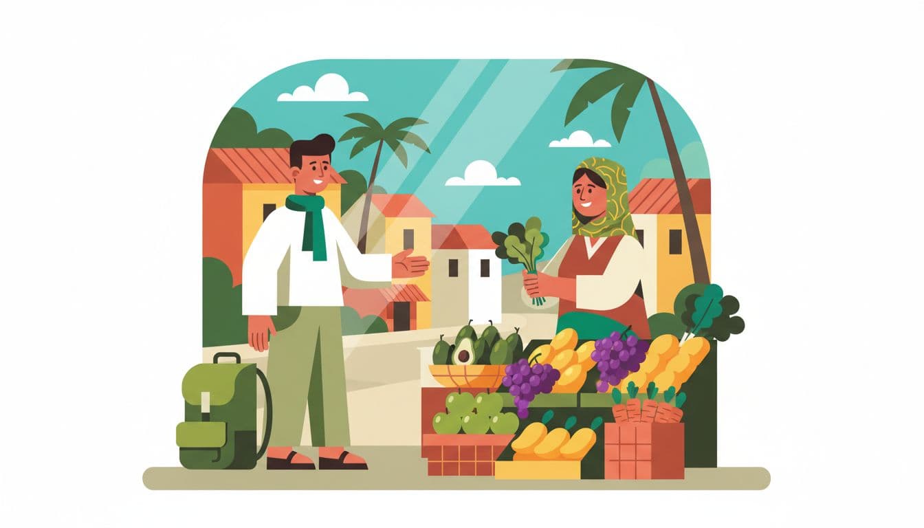 Traveller chats with smiling market stall owner buying fruits and vegetables on vibrant village street, backpack nearby.