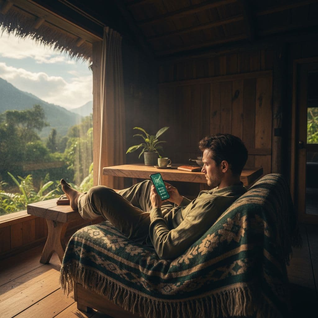 A traveller sits in a sunlit wooden eco-lodge while checking a digital list on a smartphone.