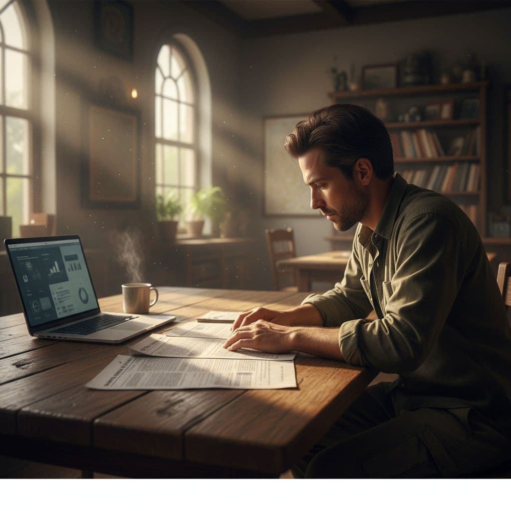 A person sits at a sunlit wooden table comparing a printed itinerary with digital laptop information.