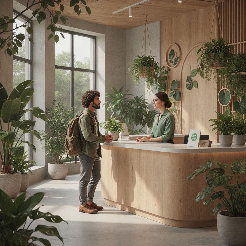 A guest stands at a hotel reception desk speaking with a staff member in a nature-inspired lobby.