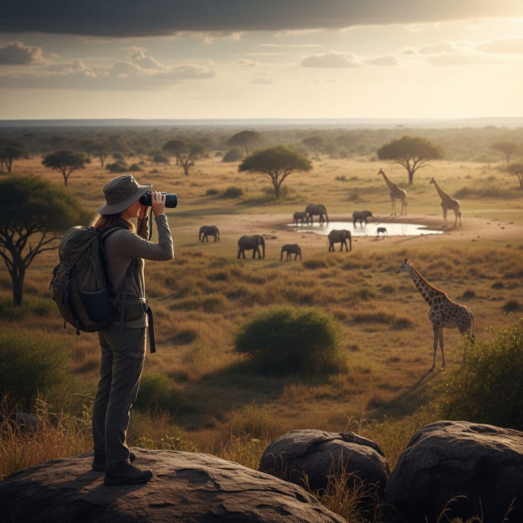 A traveller uses binoculars to view distant animals in a vast natural park under soft sunlight.