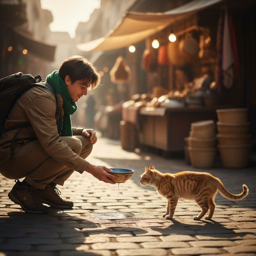 Traveller crouches on sunlit cobblestone street offering ceramic bowl of water to approaching stray cat, blurred market stall behind.