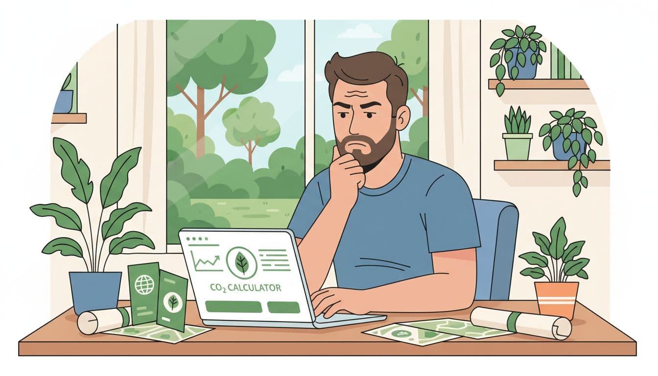 Mid-30s traveller with tense furrowed brow and hand on chin at wooden desk, laptop showing flight booking and carbon icon, maps and plants around.