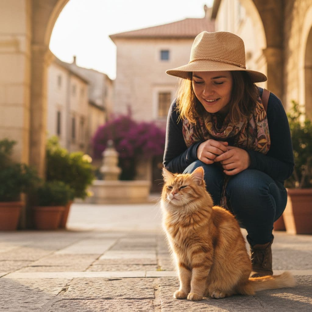 Traveller looks down at calm stray cat in sunny outdoor setting.