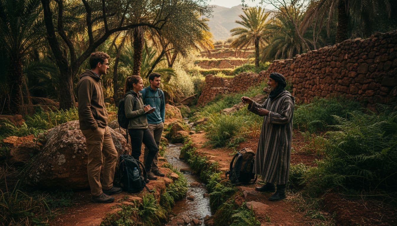 A small group of travellers and their local guide converse in a lush, green natural environment.