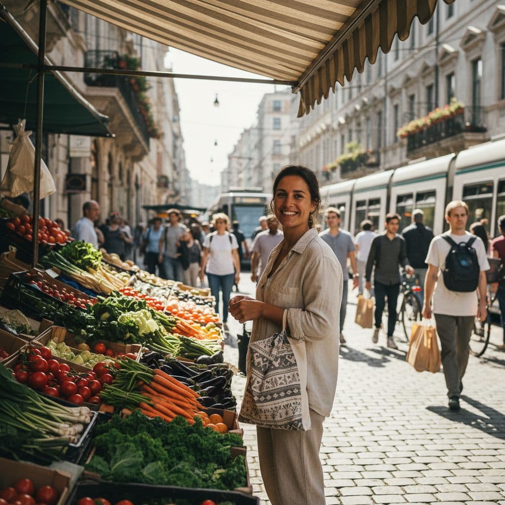 Person holds reusable cloth bag near produce stall in bustling city.