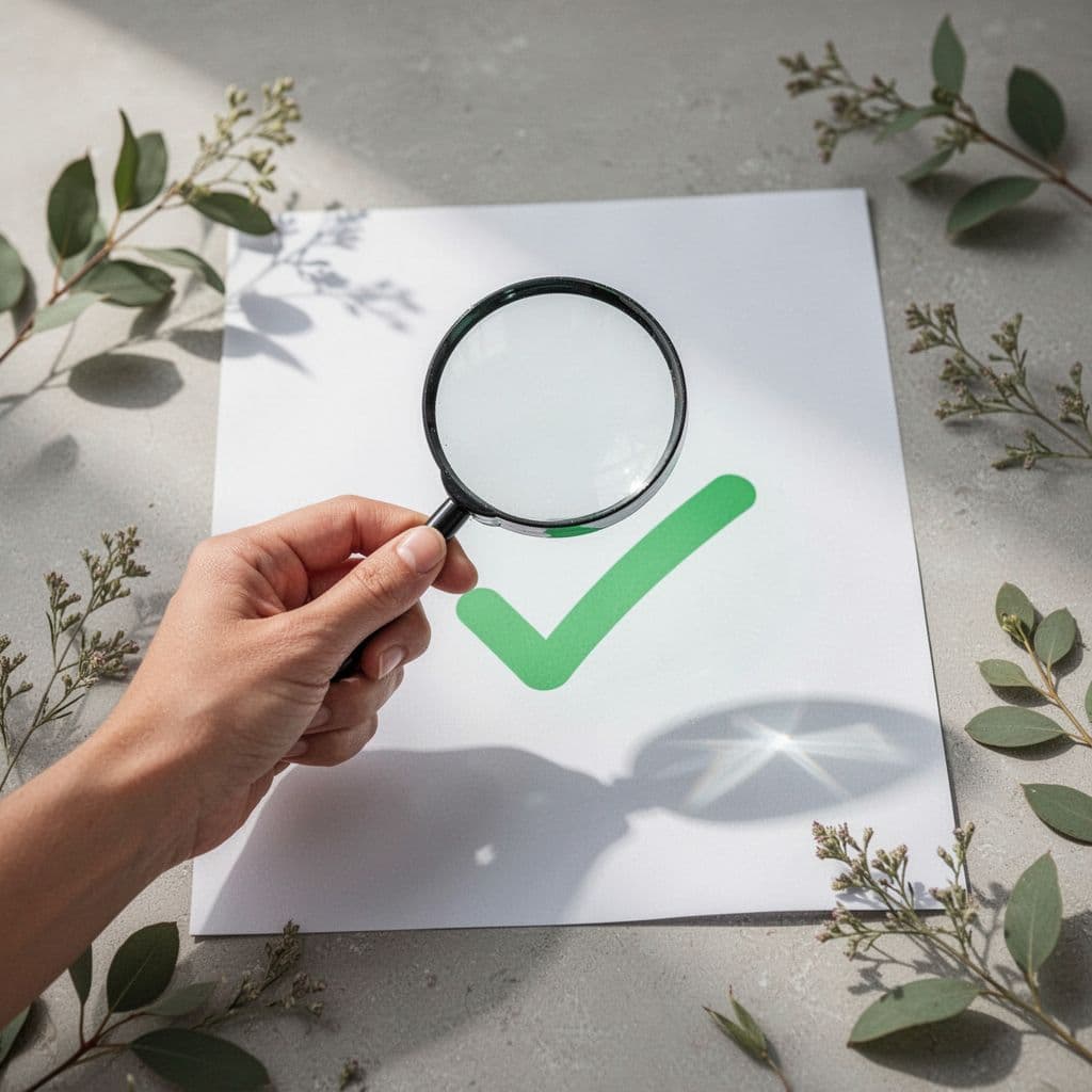 A hand holds a magnifying glass over a document featuring a prominent green checkmark.