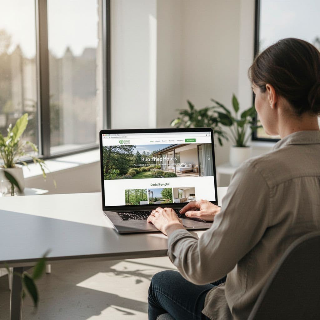 A person sits at a desk using a laptop to review sustainability credentials on a hotel website.