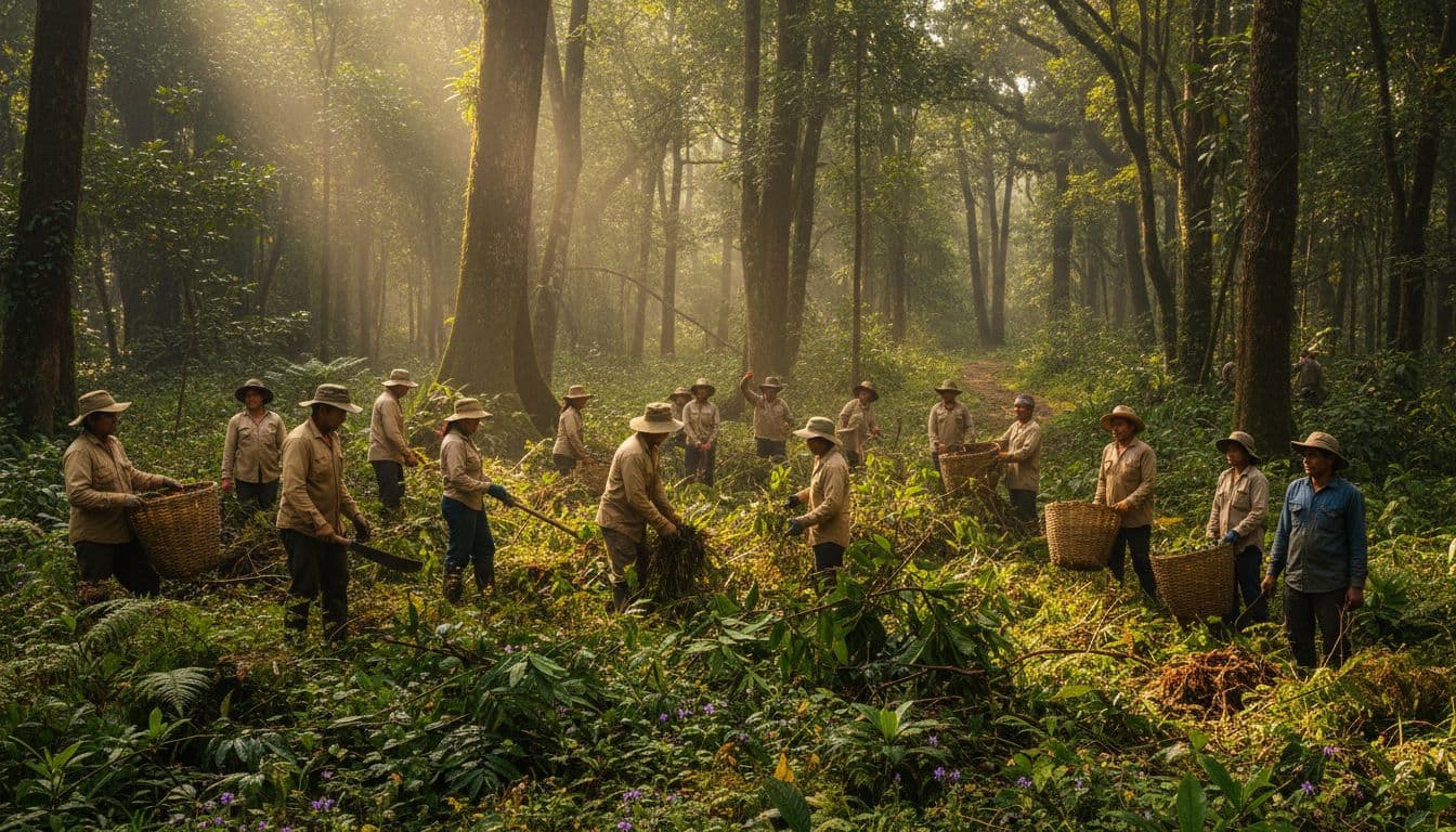 Villagers work together to remove invasive vegetation in a lush green forest preserve.
