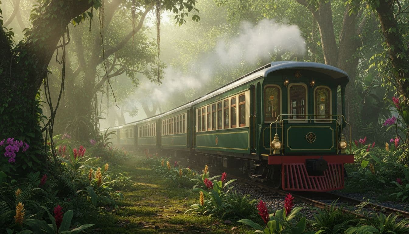 A green and cream vintage train travels through a lush, misty tropical forest at sunrise.