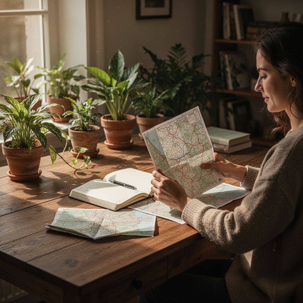 A person sits at a desk with a map and notebook surrounded by indoor plants.