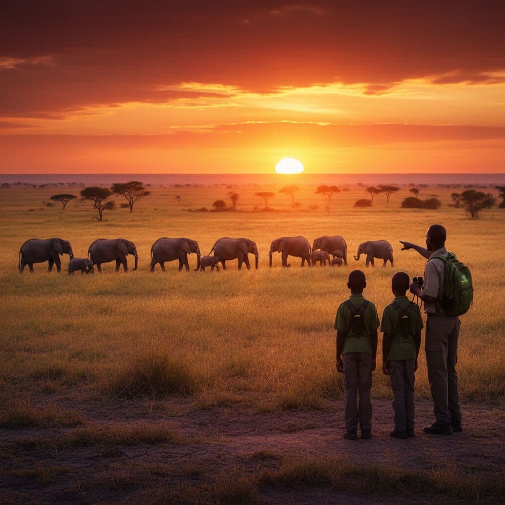 A guide leads a group of travelers watching a wild elephant herd at sunset in the savannah.