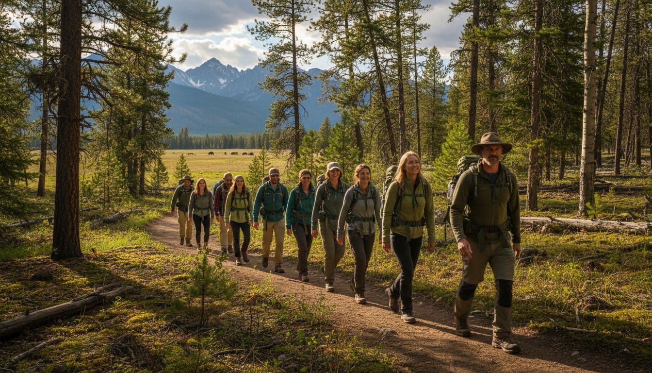 Nine diverse hikers walk single file on forested trail in Yellowstone National Park, mountains and wildlife in background.
