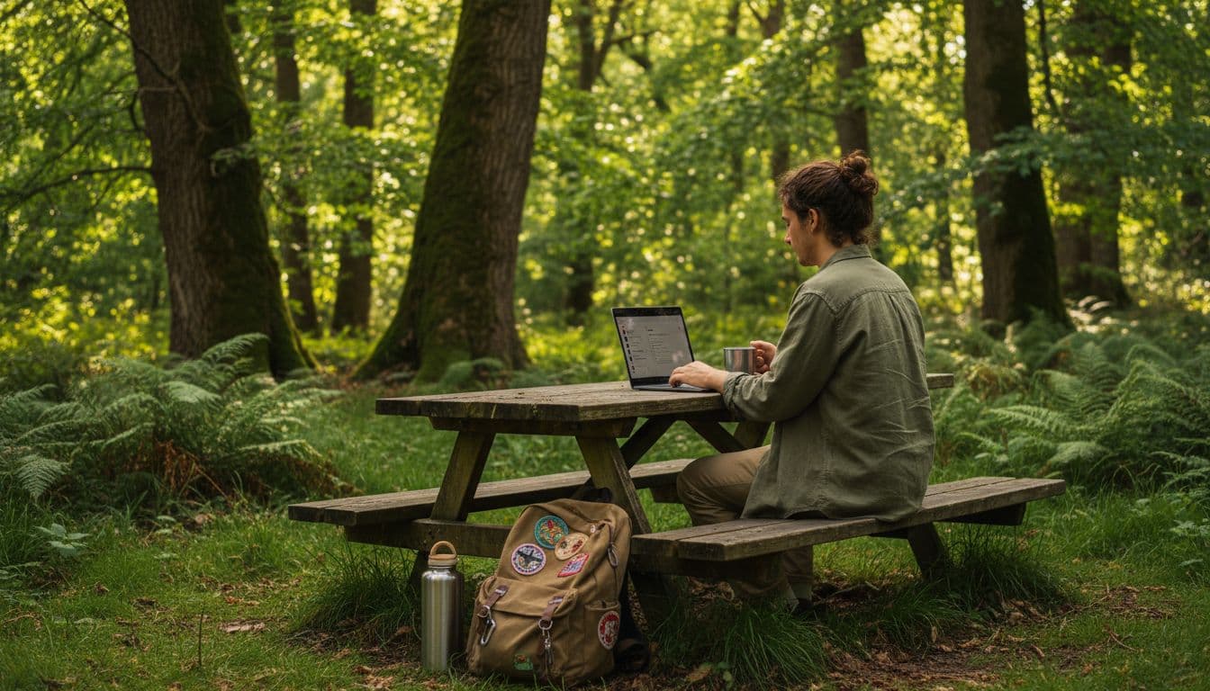 Young adult at picnic table in forest clearing works on laptop, backpack and water bottle nearby.