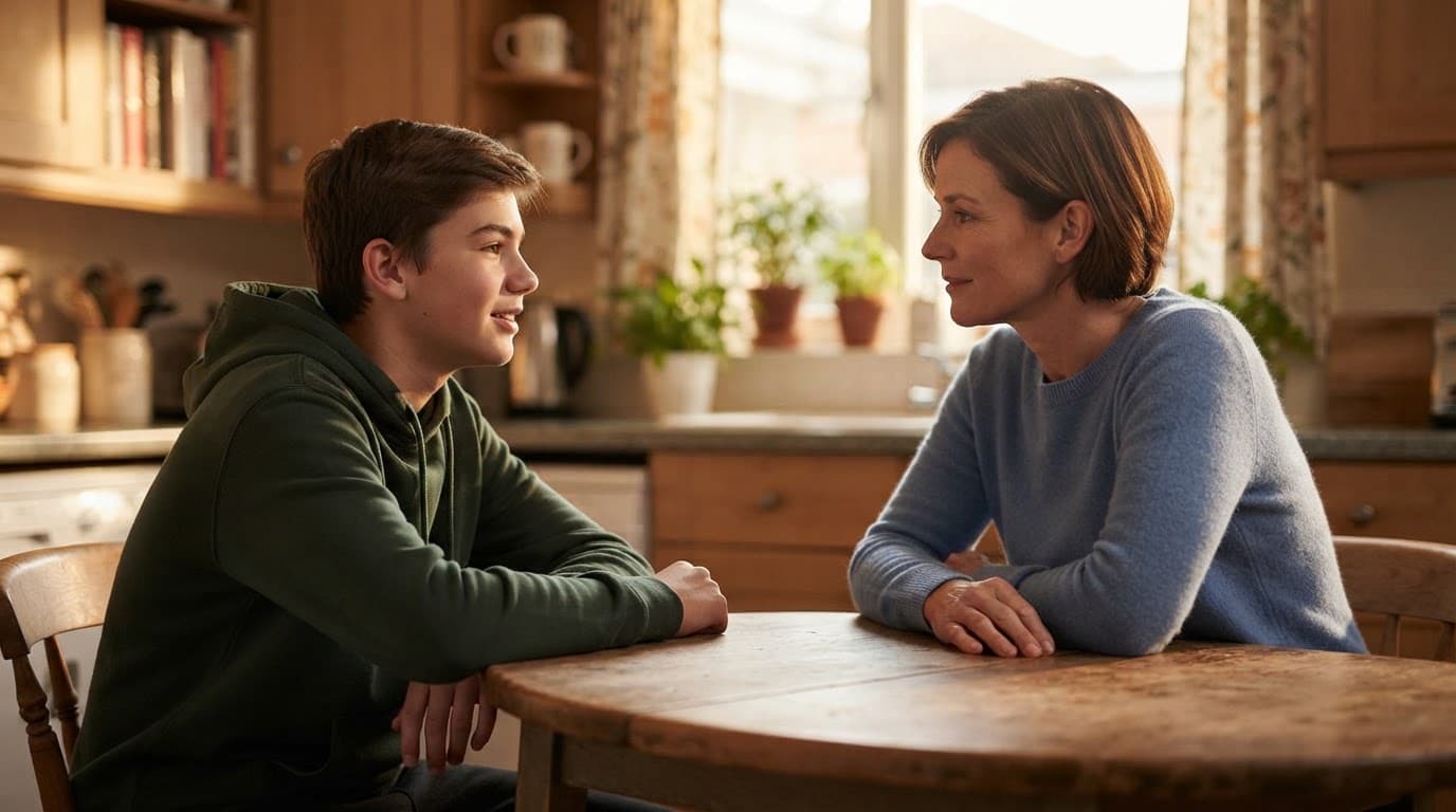A teenager practices a calm conversation with a parent at the kitchen table.