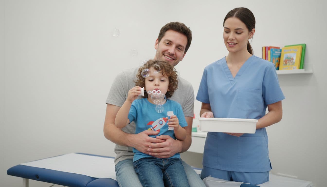 A 5-year-old child sits upright on their parent's lap in a bright doctor's exam room, gently hugged from behind with a reassuring smile, while blowing bubbles from a wand. A smiling nurse stands nearby with her arm hidden behind a tray, ensuring a calm and relaxed atmosphere with no needle visible.