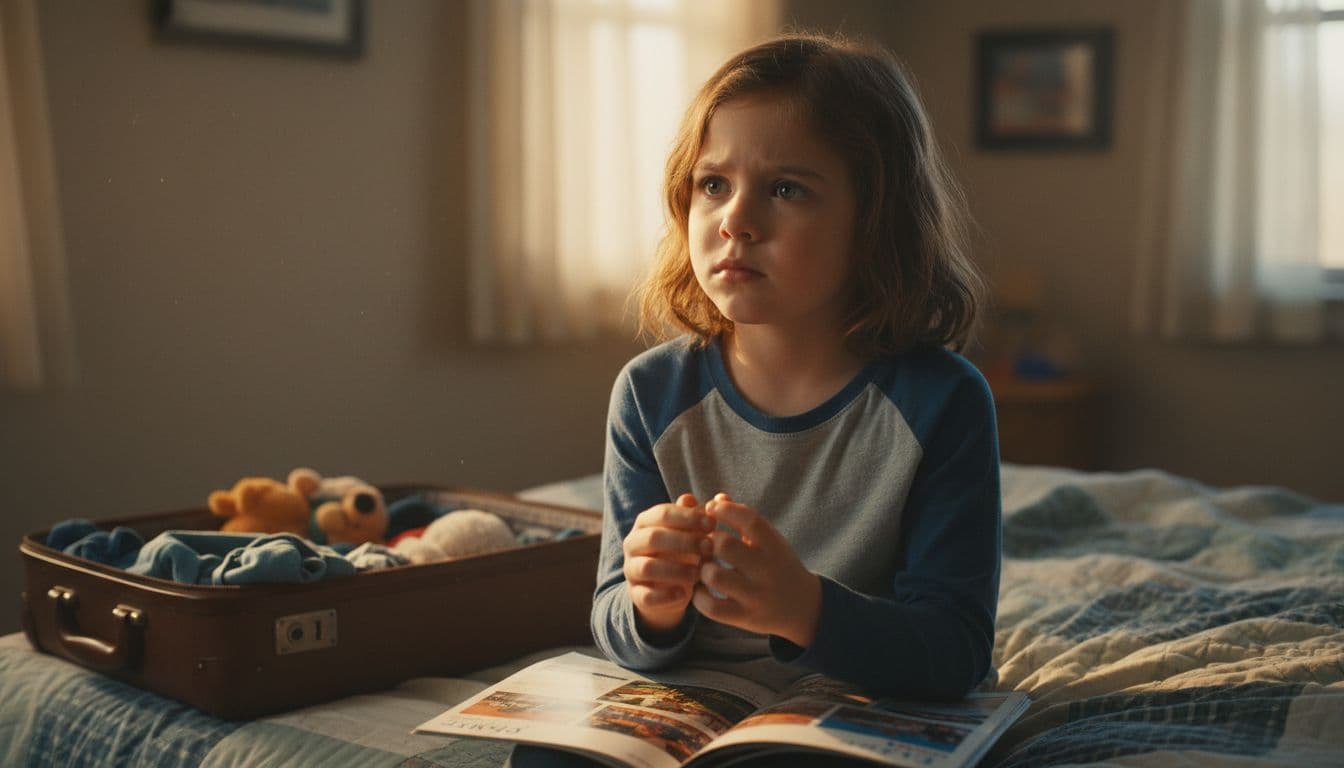 A young 8-year-old child sits thoughtfully on the bed edge in a sunlit bedroom, holding a camp brochure with wide-eyed worry, fidgeting hands, and an open suitcase nearby.