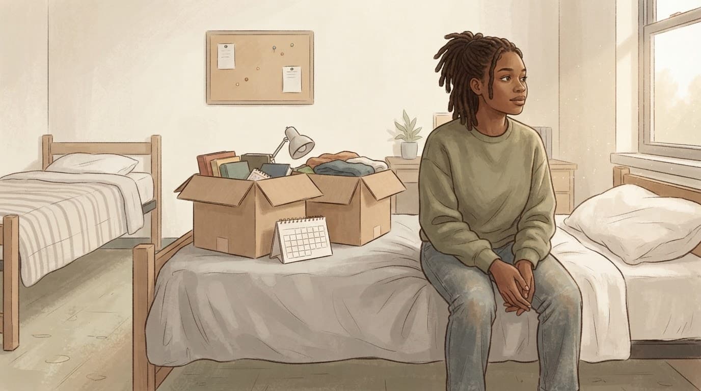 Student sitting on a dorm bed beside packed boxes.