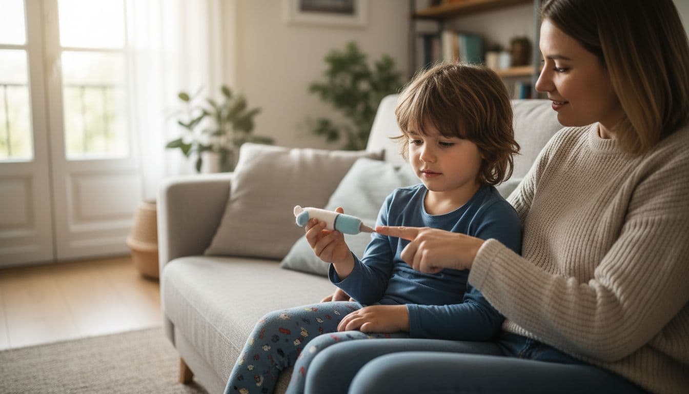 A parent and 6-year-old child sit comfortably on a living room couch; the child holds a soft toy syringe relaxedly while the parent points gently with a smile in warm natural light.