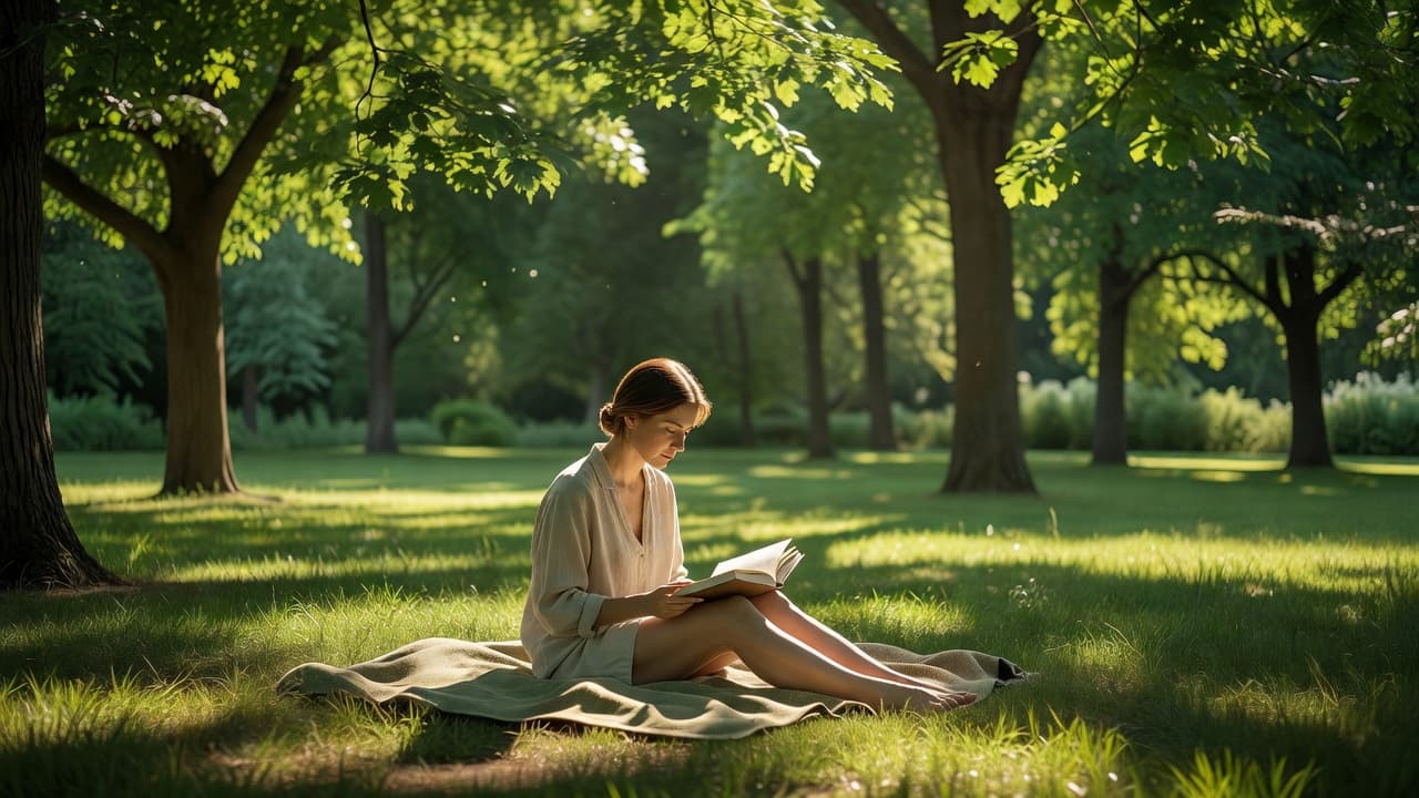 A person rests on a picnic blanket under the dappled shade of large trees. They focus intently on an open book, surrounded by lush green grass on a bright summer day.