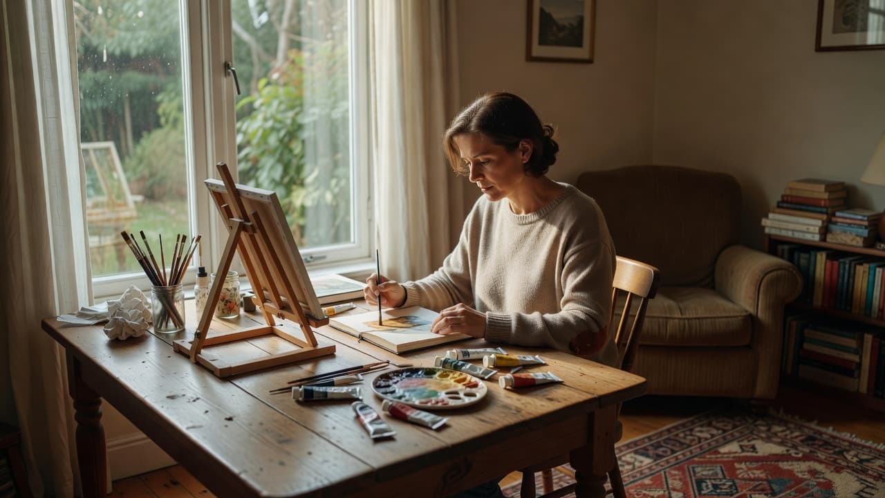 A focused individual sits at a rustic wooden table, carefully adding color to a canvas. Natural light pours through a nearby window, illuminating art supplies scattered across the quiet workspace.