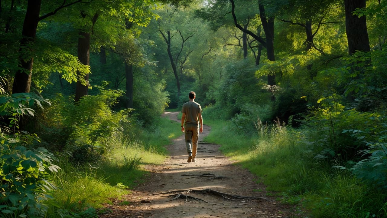A lone individual strolls down a narrow dirt trail winding through a dense, green woodland. Soft morning light filters through the lush summer canopy, illuminating the quiet, peaceful path ahead.