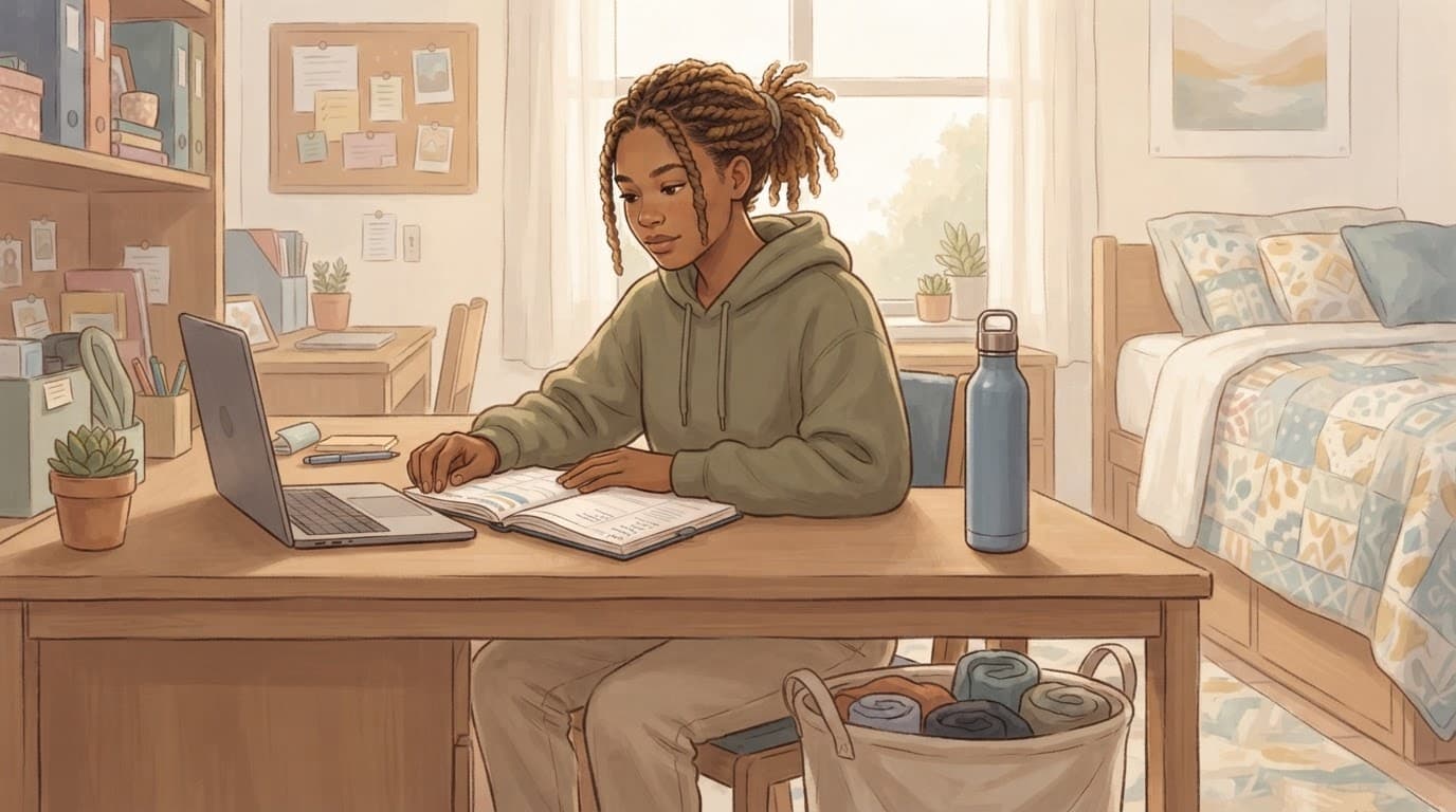 College student organizing a planner at a dorm desk with a laptop, water bottle, and laundry basket.