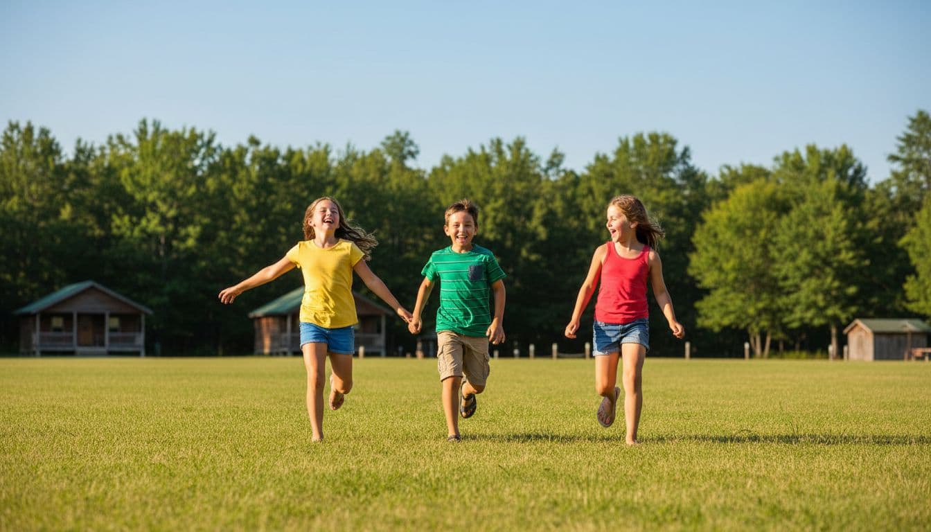Three children aged 7-10 running and laughing during an outdoor game at summer camp on a sunny afternoon in a green field with trees and cabins in the distant background.