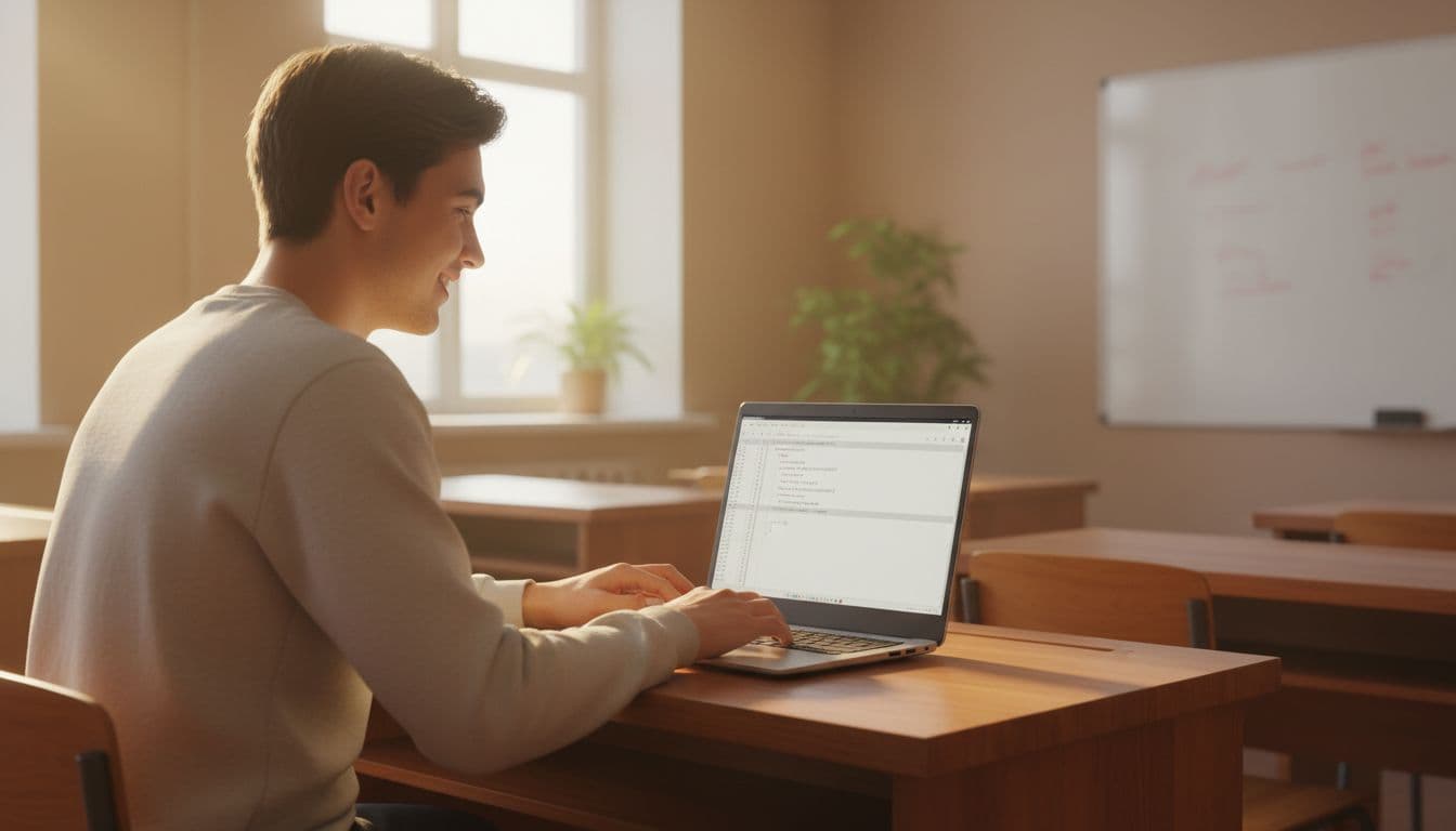 A young adult student sits at a wooden desk in a bright classroom, smiling with focused excitement as they work on a laptop displaying basic Python code syntax. Natural daylight from the window bathes the scene in warm tones, emphasizing an easy start to programming.