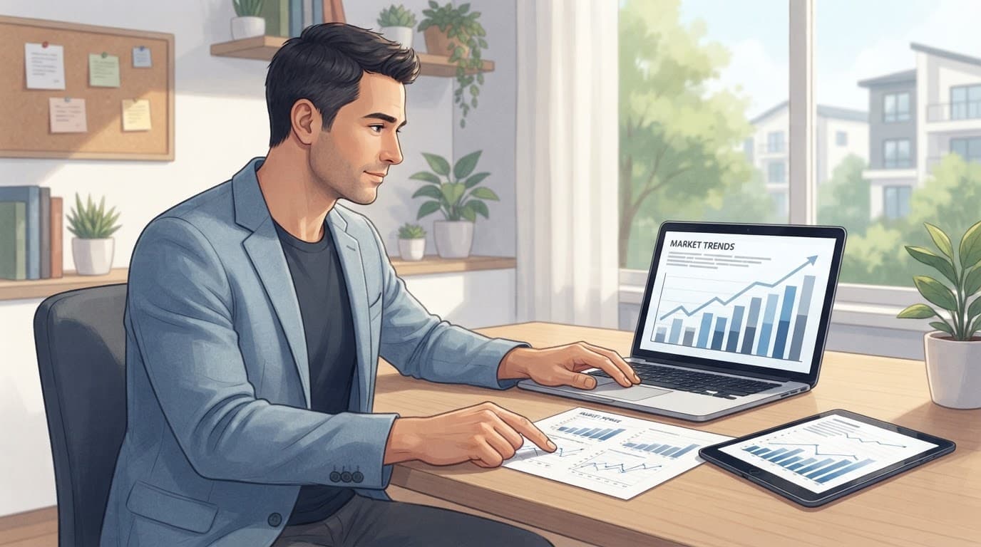 An investor compares financial charts with news on a laptop at a home office desk.