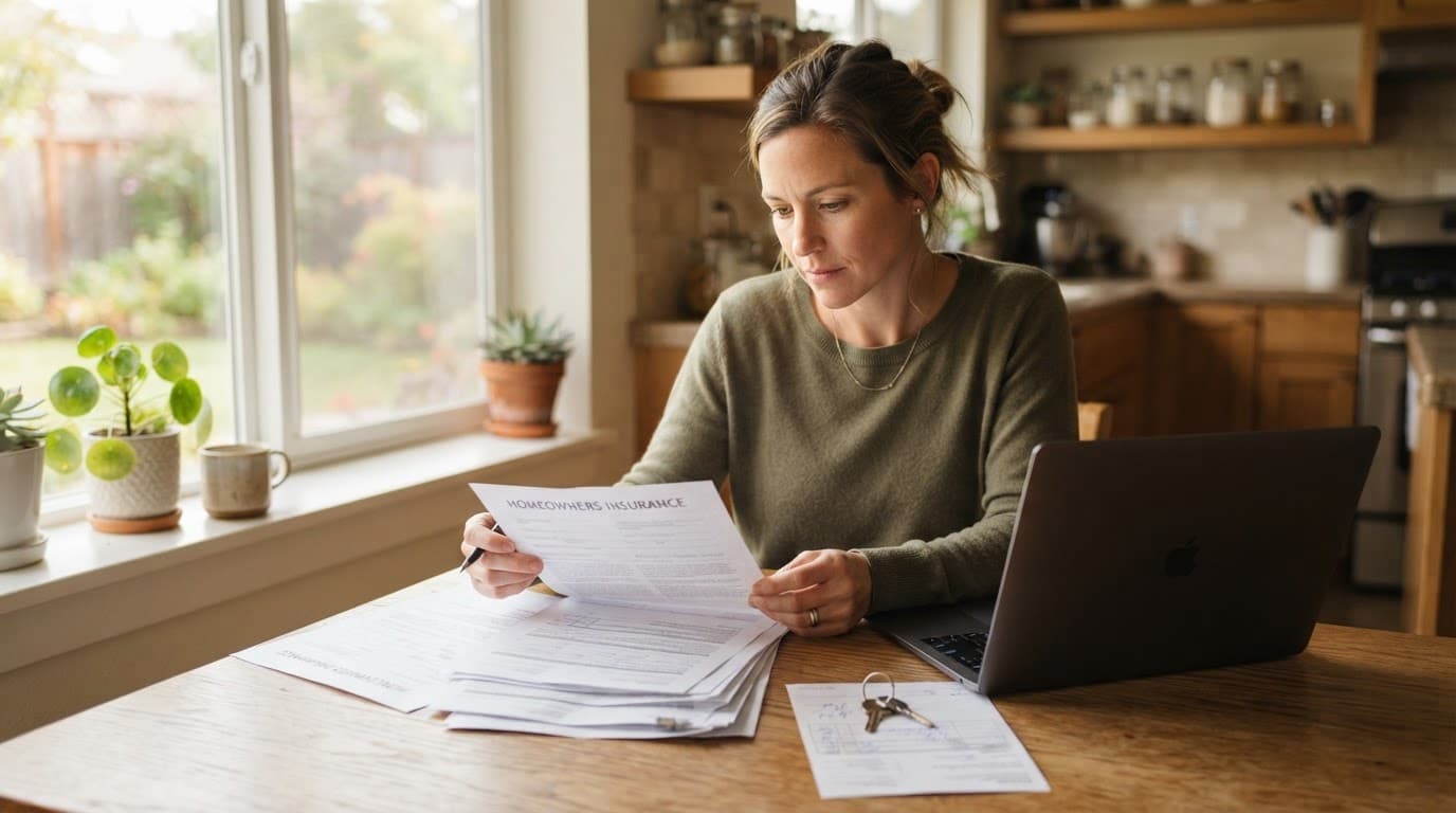 Homeowner reviewing insurance papers beside a laptop, house key, and repair estimate.