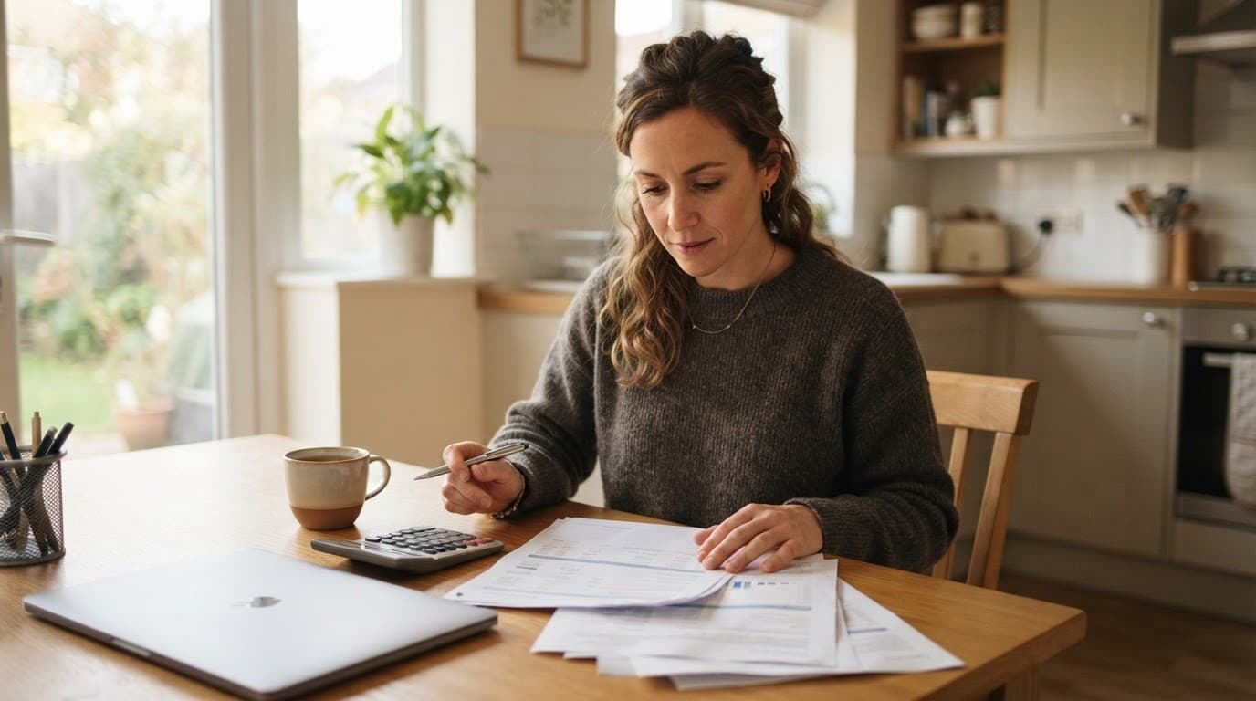 A homebuyer reviews finance papers beside a calculator and closed laptop.