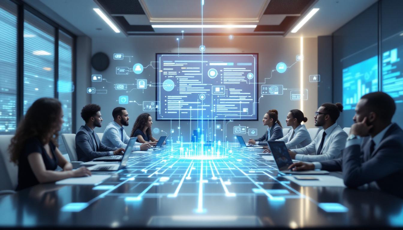 A digital meeting room with an AI tool summarizing a discussion, showing bullet points and tasks. Image created with AI.
