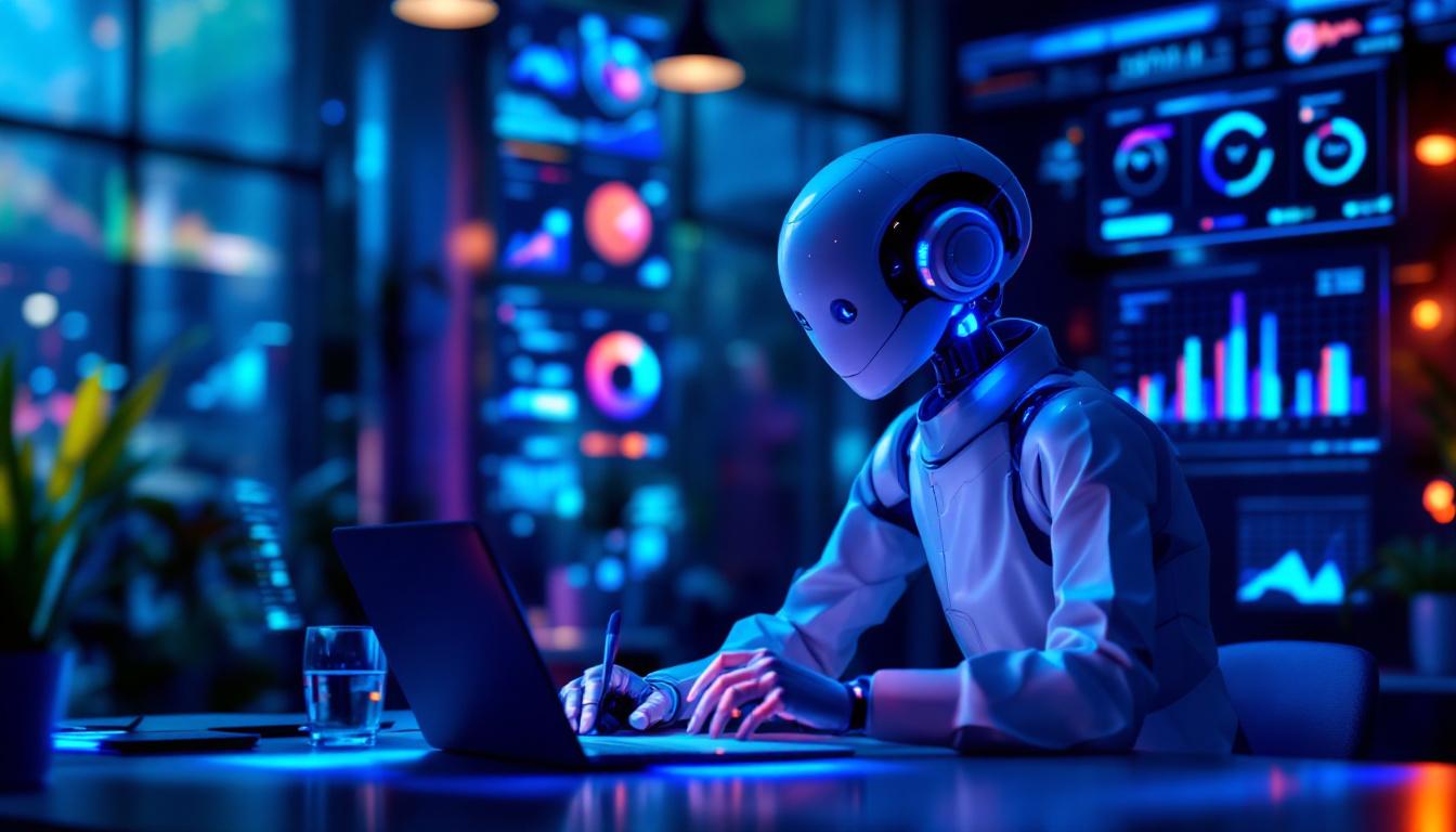 AI sales assistant at work, drafting emails and sorting leads on a digital dashboard with graphs and messages. Image created with AI.