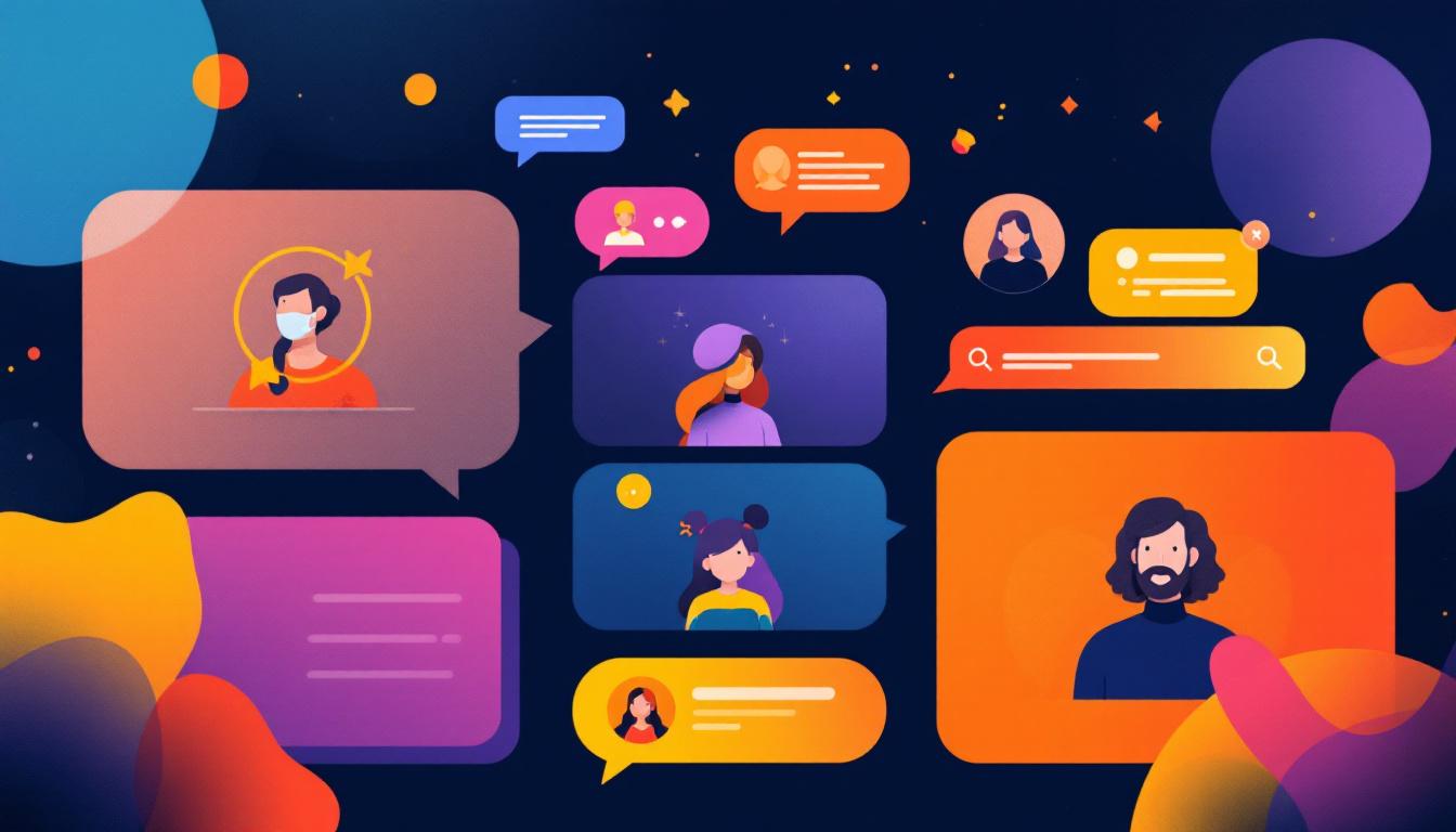 Illustration of a branded online community for a business, showing avatars, badges, chat bubbles, and a branded interface. Image created with AI.
