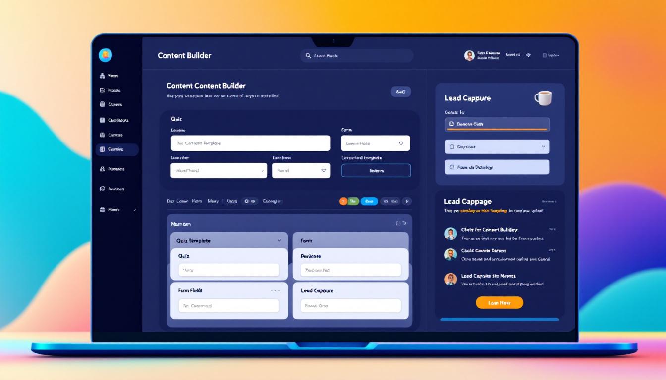 An interactive content builder dashboard showing a quiz template, form fields, and a lead capture interface. Bright, clean design. Image created with AI.